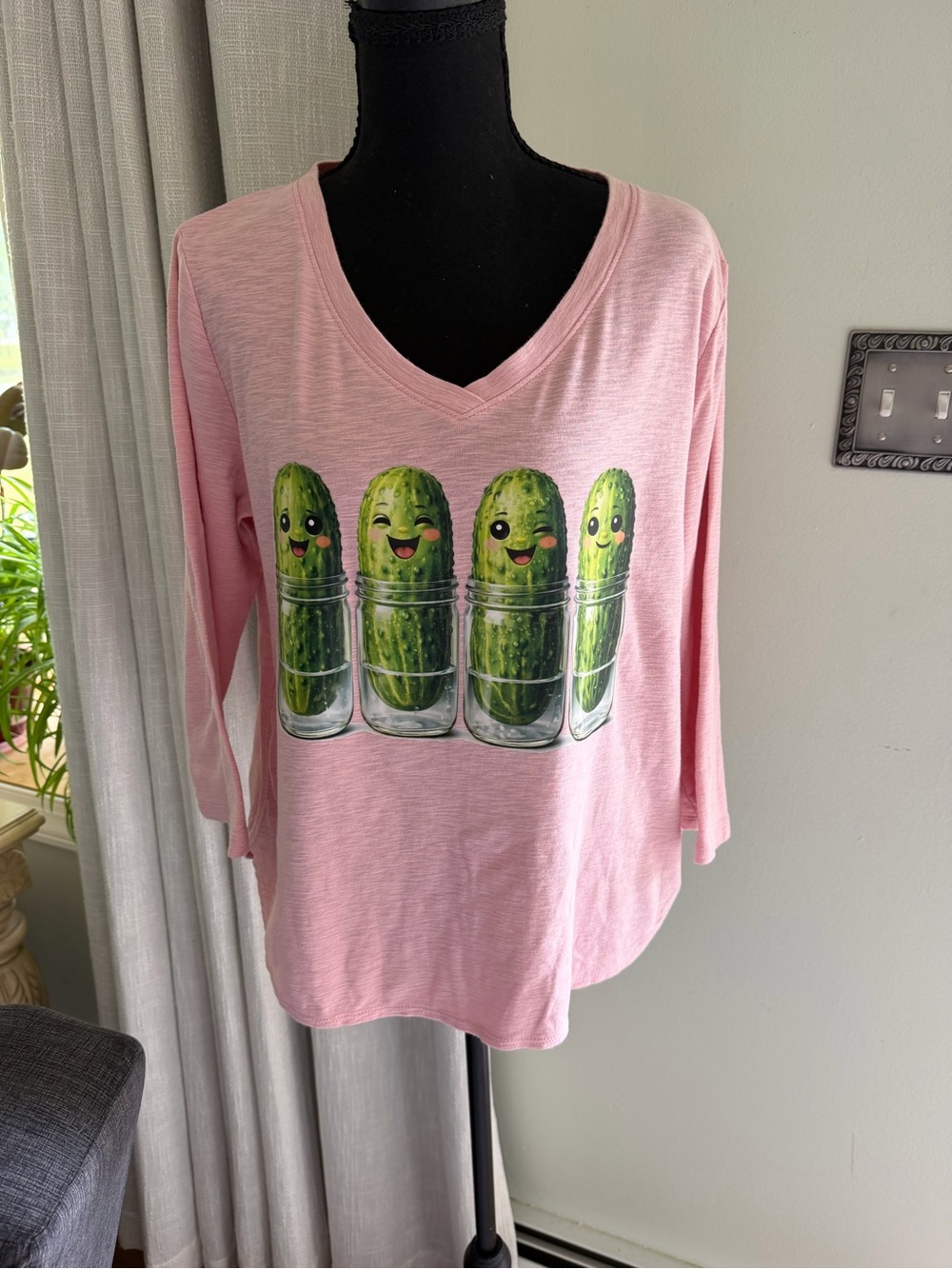 Pink V-Neck Long Sleeve Top with Playful Pickle Jar  MADE WITH ❤️